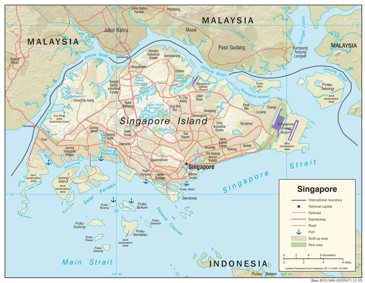 BrilliantMaps's tweet photo. Declassified 2005 Singapore Map Created By The CIA

This 2005 CIA map of Singapore highlights just how geographically constrained, yet strategically vital, the city-state is.

Unlike many national maps focused on terrain or political regions, this one emphasizes infrastructure, maritime access, and urban density, which are the foundations of Singapore’s power.

The map shows Singapore Island almost completely urbanized, with an extensive web of expressways, ports, industrial estates, reservoirs, and airport facilities packed into a very small area.

It also illustrates Singapore’s position between the Strait of Malacca and the South China Sea shipping lanes, one of the most important maritime chokepoints in the world. Nearly all trade between East Asia, the Middle East, and Europe passes nearby.

A major theme visible on the map is land reclamation. Areas around Changi Airport, Jurong Island, Tuas, and the southern coastline are marked as reclaimed land, reflecting Singapore’s long-running strategy of literally expanding the country’s territory into the sea.

Jurong Island itself was created by merging smaller islands into a massive petrochemical and industrial hub.

The map also reveals Singapore’s dependence on surrounding Malaysia and nearby Indonesian waters.

The Johor Strait separates Singapore from Malaysia by only a narrow channel crossed by causeways, while reservoirs and protected catchment areas demonstrate how carefully the country manages scarce freshwater resources.

Stylistically, this is classic mid-2000s CIA cartography: functional, infrastructure-focused, and designed to communicate economic and strategic geography rather than political narrative.

More Declassified 2000s CIA Maps: https://t.co/crnztsV79g