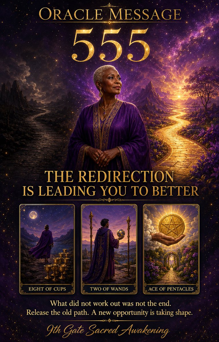 ShakenaE's tweet photo. ✨ TODAY’S ORACLE MESSAGE: THE REDIRECTION IS LEADING YOU TO BETTER ✨

Angel Number: 555
Tarot Energy: Eight of Cups • Two of Wands • Ace of Pentacles

What didn’t work out was not the end—it was divine redirection.

The Eight of Cups confirms that you are being called to leave behind situations, relationships, habits, or emotional attachments that no longer fulfill your spirit. You may not have received the closure you wanted, but you have received the clarity you needed.

The Two of Wands shows that a new direction is waiting for your decision. You cannot remain attached to the familiar while asking the Universe to reveal something greater. Trust yourself enough to choose the path that supports the person you are becoming.

The Ace of Pentacles brings confirmation of a new opportunity, financial beginning, stable foundation, or practical blessing. What is coming may begin as a small seed, but with patience and consistency, it can grow into something lasting.

Angel number 555 reminds you that major changes are unfolding. Do not fear what is shifting, ending, or being removed. The road ahead may be unfamiliar, but it is leading you away from limitation and toward expansion.

Today, release your attachment to how you thought life should unfold. Some doors closed because they could not carry you into your next season.

Affirmation: “I trust divine redirection. I release the old path and confidently walk toward the opportunities prepared for me.”

—9th Gate Sacred Awakening 💜✨