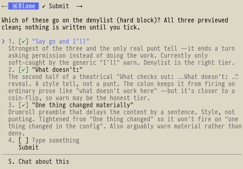 gulp's tweet photo. i have written 84 hand-rolled regexes whose entire job is to stop opus 5 from saying "say go and I'll —" instead of just going. @bcherny pls fix. https://t.co/udDWAF3xQD