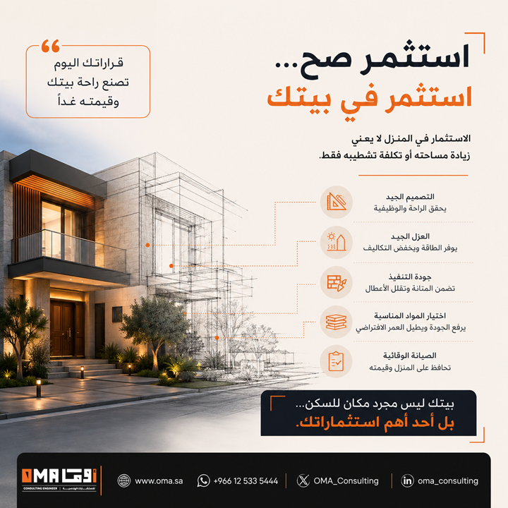 oma_consulting's tweet photo. بيتك ليس مجرد مكان للسكن... بل أحد أهم استثماراتك.
وهذا لا يعني زيادة مساحته أو تكلفة تشطيبه فقط.
التصميم الجيد
العزل
جودة التنفيذ
اختيار المواد المناسبة
الصيانة الوقائية... 

قرارات قد ترفع راحة المنزل وكفاءته وتحافظ على قيمته لسنوات.
#التصميم_الهندسي #البناء #العقار #مكة #جدة #الرياض #الخبر #الدمام #القصيم #أوما_للاستشارات_الهندسية #عقار
