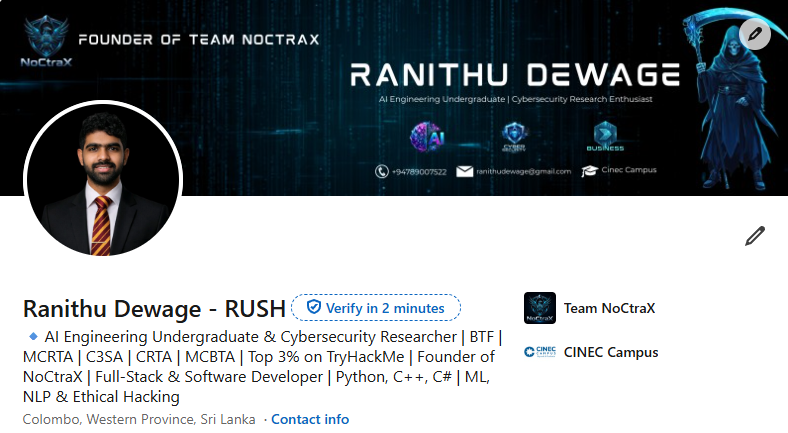 RanithuDewage's tweet photo. Hello Twitter! 👋

First-year AI Undergrad 🎓 | Cyber Security Researcher (Top 3% @tryhackme ) 🛡️ | Junior ML Specialist &amp; Startup Founder 🚀

Building secure AI models &amp; running my own tech startup. Let's connect! 💻✨

#AI #CyberSecurity #MachineLearning #TryHackMe #StartupLife https://t.co/yG4kcPmwTu