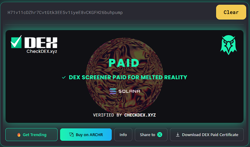 MELTDEV_SOL's tweet photo. ✅ DEX PAID FOR $MELT

Another step forward for MELTED REALITY.
DexScreener is officially paid and the project keeps moving. 🌀
The distortion is getting stronger.

#MELT #MeltedReality #DexScreener #Memecoin https://t.co/Jqe71RYiaP