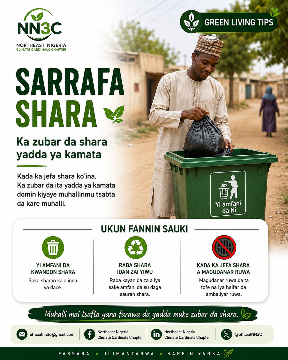 officialNN3C's tweet photo. Muhalli mai tsafta yana farawa da yadda muke zubar da shara.

Yi amfani da kwandon shara, ka zubar da sharar yadda ya kamata, kuma kada ka jefa ta a magudanar ruwa.

#CLYMENE #NN3C #ClimateCardinals #ClimateAction #YouthLeadership #TranslateEducateEmpower https://t.co/vPkhAiLejc