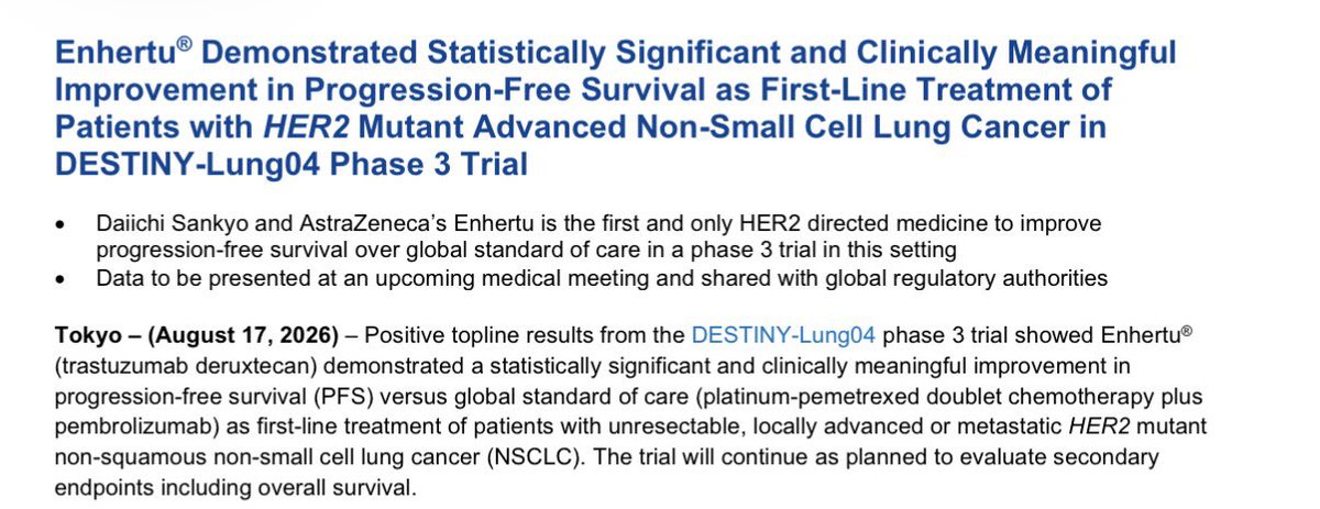 M_Torasawa's tweet photo. 🚨 Phase 3 DESTINY-Lung04 met its primary endpoint

1L T-DXd significantly improved PFS versus pembro + chemo in advanced HER2m-NSCLC.

🔥 First P3 trial to show a HER2-directed therapy outperforming the global standard of care in this setting!

🔗 https://t.co/DDg8PHnaRJ https://t.co/8gAwgPIGvw