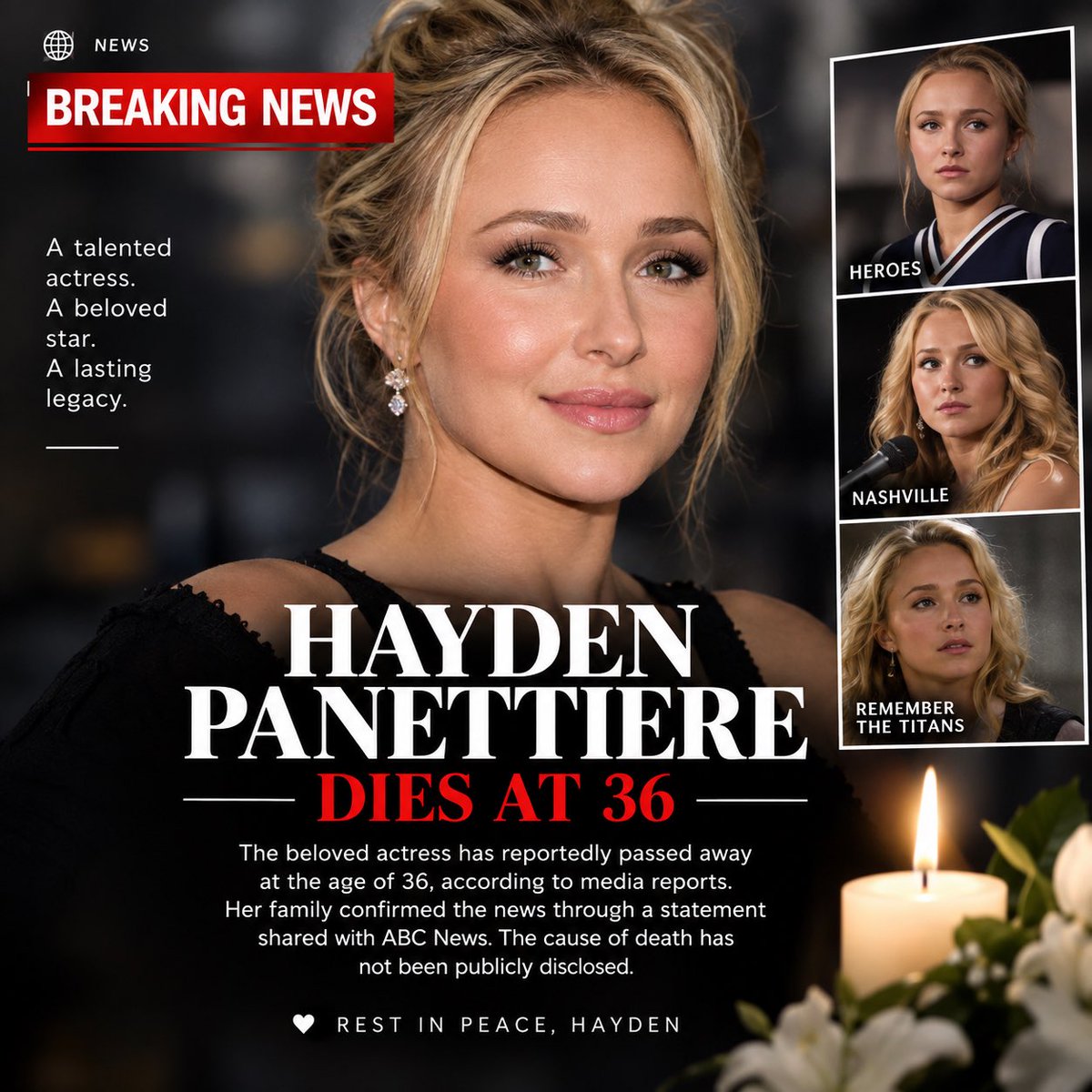 inemouad's tweet photo. 🚨 Breaking News: Hayden Panettiere

Actress Hayden Panettiere has reportedly died at 36, according to media reports.

Best known for Heroes and Nashville.

📌 What happened?
📌 What have official sources confirmed?

👉 Read the latest details here https://t.co/2uePYT1YKq