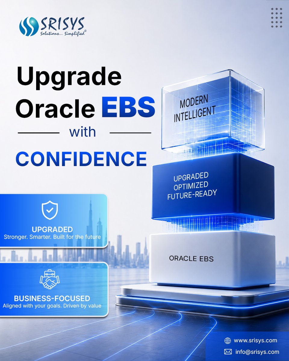 srisysinc's tweet photo. Still running an older version of Oracle EBS?
A modern #OracleEBS environment improves performance, strengthens security,&amp; prepares your business for future growth.
Get your FREE Enterprise Health Assessment:
https://t.co/TFhKlCXEYA

#OracleEBS #OracleUpgrade #ERP #Oracle #SRISYS https://t.co/J9bj5B7L2l