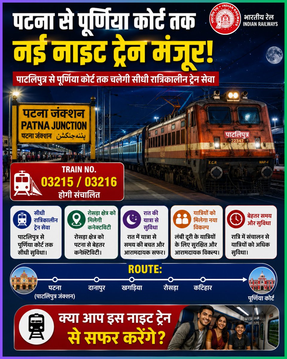 Indianrailgadi's tweet photo. पटना से रात में सीधी रेल कनेक्टिविटी पाटलिपुत्र-पूर्णिया कोर्ट नाइट ट्रेन को मिली मंजूरी, रोसड़ा क्षेत्र को होगा फायदा, 03215/03216 ट्रेन से यात्रियों को मिलेगी राहत
#indianrailways #BiharRailways #NightTrain #RailwayUpdate https://t.co/hepfFRF6ln