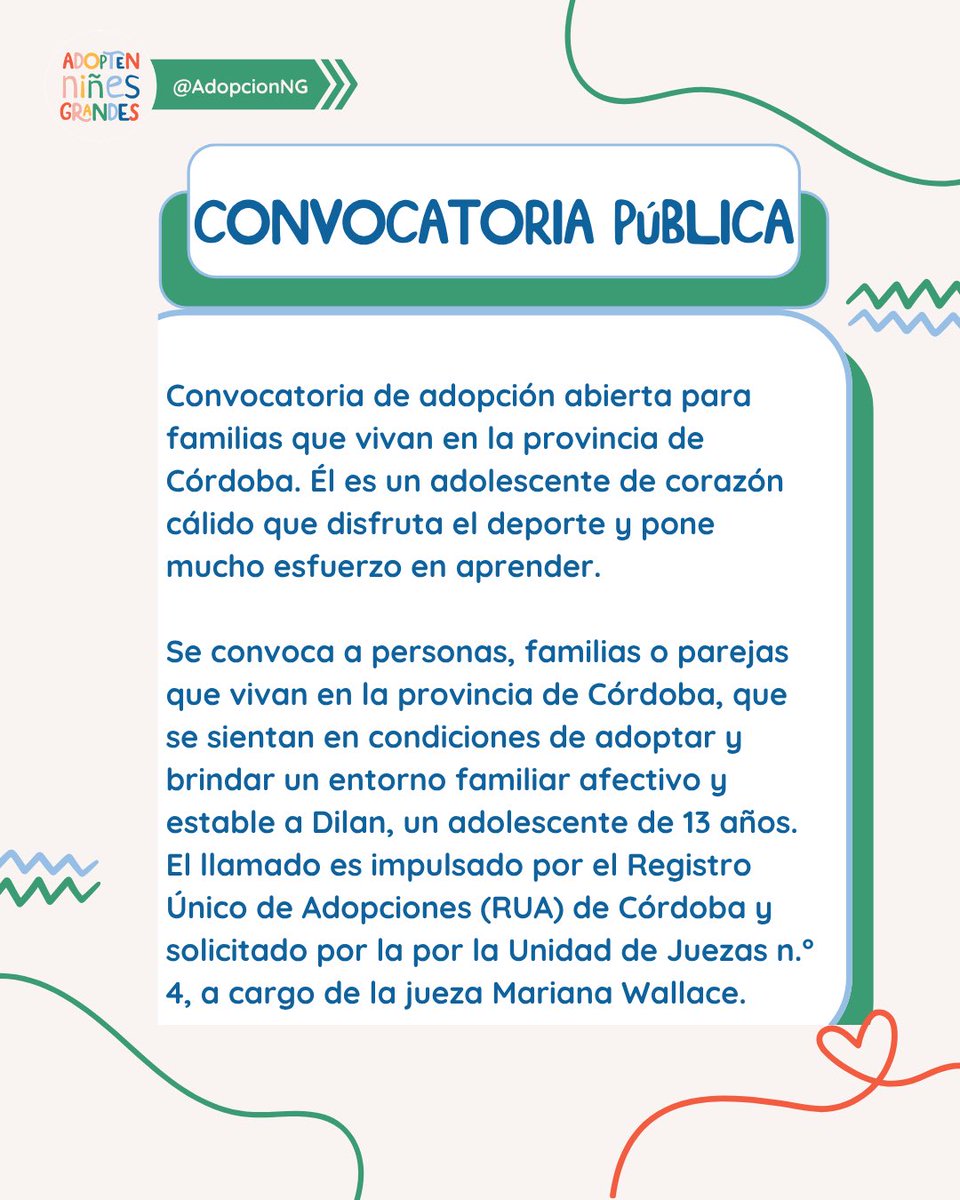 AdopcionNG's tweet photo. Dilan tiene 13 años y busca una familia que viva en la provincia de Córdoba, que pueda ofrecerle un entorno afectivo, estable y de acompañamiento. https://t.co/GZ2MI7Uxbm