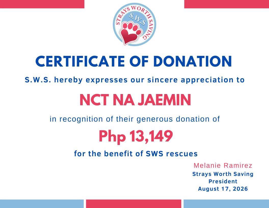 mypopstarjm's tweet photo. 💌 Certificate of donation from Strays Worth Saving

link to their Facebook post: https://t.co/oNKnmWsFtg https://t.co/hV2hbjxKyl