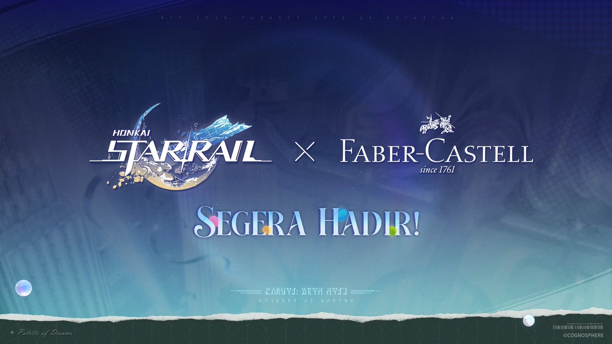 pompomfess's tweet photo. Selamat datang di Palette of Dreams, kolaborasi Honkai: Star Rail x Faber-Castell!

Trailblazer, sebuah warp kreatif baru akan segera dimulai!

Seiring dengan dimulainya kolaborasi Honkai: Star Rail x Faber-Castell, alam semesta juga menjadi lebih penuh warna! ✨
Selamat datang di Palette of Dreams, tempat inspirasi, emosi, dan imajinasi berpadu dalam seni berkreasi. 🎨

Wujudkan imajinasimu menjadi sebuah mahakarya alam semesta yang cemerlang, biarkan setiap goresan menceritakan kisah milikmu di antara bintang-bintang.

Produk kolaborasi terbatas akan segera hadir, apakah kamu siap melukiskan kemungkinan tak terbatas di luar bintang-bintang? 💫