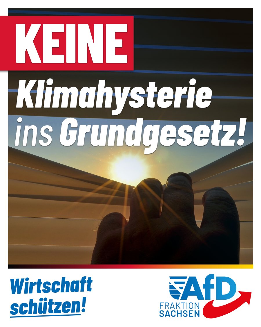 AfD_SLT's tweet photo. Ihren eigenen Dilettantismus versucht die regierende #SPD derzeit mit der Forderung nach „#Klima-Anpassung“ im Grundgesetz zu übertünchen. Das ist gleich aus mehreren Gründen gefährlicher Blödsinn!

1. Umso häufiger das Wort Klima ins #Grundgesetz hineingemogelt wird, umso schwerer hat es unsere #Wirtschaft. Die Umweltverbände machen den Unternehmen mit Klagen schon heute das Leben zur Hölle. Das Ergebnis: Die Wirtschaft wandert in andere Staaten mit weniger Vorschriften ab.

2. CDU/CSU haben sich von der SPD längst breitschlagen lassen: Die Regierung Merz hat die „#Klimaneutralität bis zum Jahr 2045“ in Artikel 143h bereits ins Grundgesetz aufgenommen. Klimaneutralität ist jedoch eine Utopie, die nur zu erreichen wäre, wenn wir unseren kompletten Wohlstand opfern. Ohne Heizen, Autofahren, Kühlschrank und künstliche Intelligenz kann man natürlich „klimaneutral“ leben. Aber ist das wirklich ein Fortschritt? Oder eher Dritte-Welt-Niveau?

3. Sinnvolle Maßnahmen der Klima-Anpassung wären schon heute möglich, aber es werden eben nur die ineffizienten, kleinteiligen Maßnahmen gefördert. Diese falschen Prioritäten haben #CDU und #SPD gemeinsam gesetzt – auch in Sachsen. Der sächsische SPD-Klimaminister Dirk Panter meint, mit begrünten Dächern und ein paar Trinkbrunnen „Hitzeschutz“ leisten zu können. Richtig wäre es hingegen, alle Pflegeheime mit Klimaanlagen auszustatten. Technischer Fortschritt statt Symbolpolitik!

4. Apropos #Klimaanlage: Durch die Grundgesetzänderung von CDU/CSU und SPD stehen 500 Milliarden Euro für „Klimaneutralität“ und Infrastruktur bereit. Wenn dieses Geld schon einmal da ist, warum wird es dann nicht für sinnvolle Sachen wie Klimaanlagen eingesetzt? Wir haben es mal ausgerechnet: Jedes Wohngebäude in Deutschland mit einer Klimaanlage auszurüsten, würde bei einer 50-Prozent-Förderung lediglich 19 Milliarden Euro kosten …

#AfD #Sachsen #Klimapolitik #Grundgesetz #Klimaneutralität #Klimaanpassung #Wirtschaft #CDU #CSU #SPD #Klimaanlagen #Infrastruktur #TechnischerFortschritt