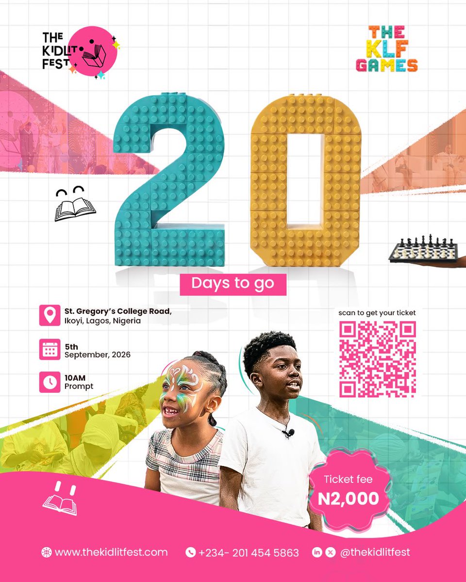 TheKidLitFest's tweet photo. 20 DAYS UNTIL The KidLit Fest 2026: The KLF Games ✨📚

Have you registered the children yet?

Get ready for a colourful day filled with books, games, creativity, and plenty of fun for children and families.

You really don’t want to miss it💗

Register: https://t.co/lec6QEHAtK https://t.co/H090Ur1M76