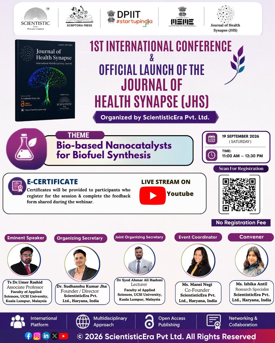 Scientisticera's tweet photo. 📢 Join the 1st International Conference &amp; JHS Launch!

🧪 Bio-based Nanocatalysts for Biofuel Synthesis
🗓 19 Sept 2026 | ⏰ 11:00 AM–12:30 PM IST

🌱 Explore sustainable biofuel innovation!

🔗 Register: https://t.co/6FMRY2dh03
💬 Community: https://t.co/kKYx1Db0LZ https://t.co/6ng8kMY3it