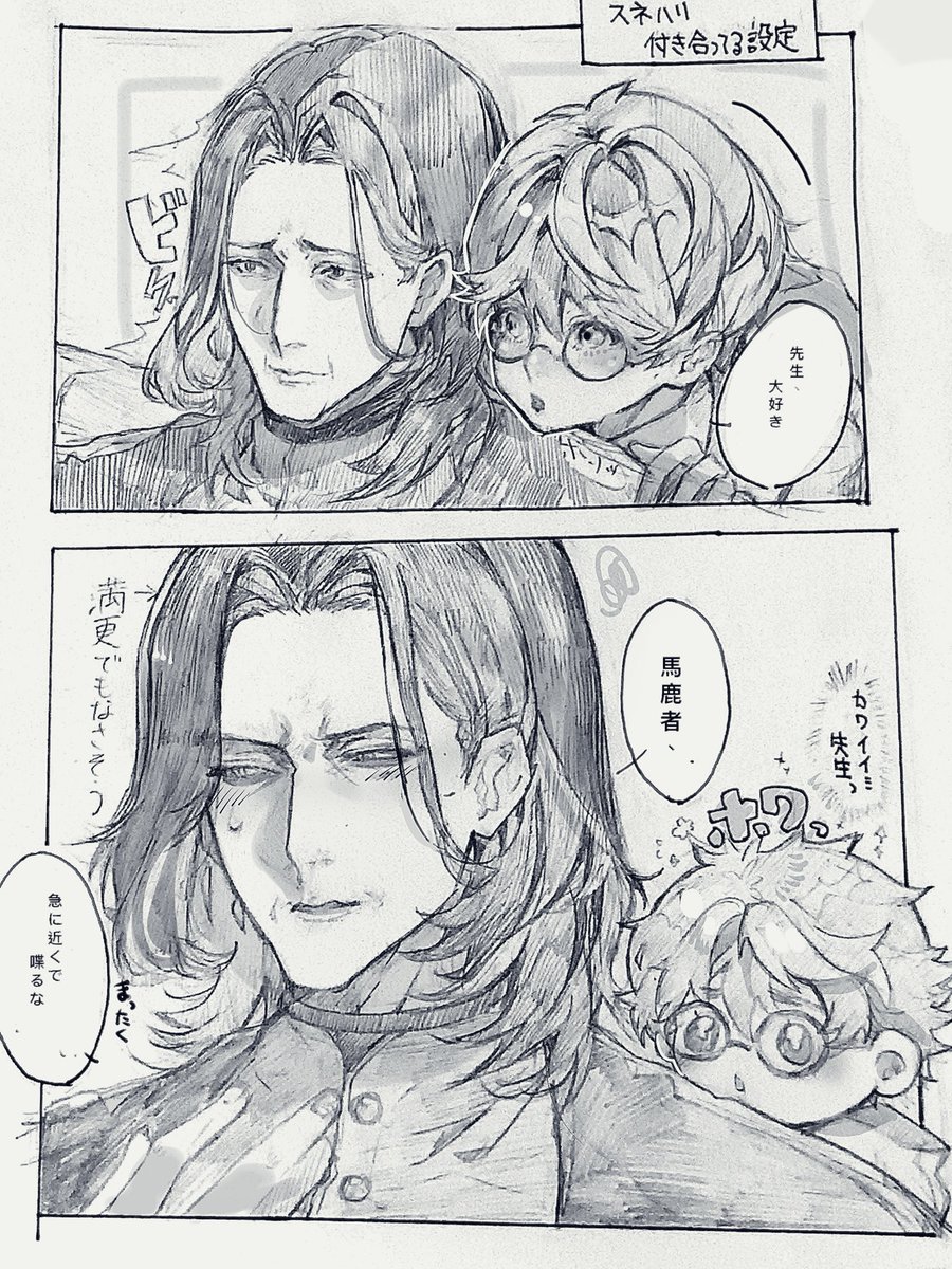 tapioca0121's tweet photo. 久しぶりのスネハリ(アナログ

"ハリーに口説かれるスネイプ先生"
(絵的にハリーが幼くなった…) https://t.co/RrMRXZBFsU