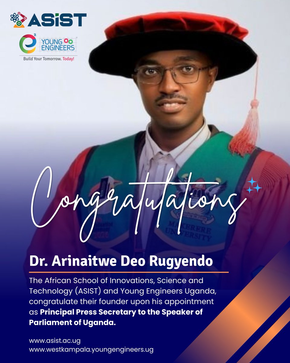 ASISTUganda's tweet photo. Proud Moment for ASIST & Young Engineers Uganda! 🇺🇬🎉

We are thrilled to announce that our esteemed founder has been appointed as Principal Press Secretary to the Speaker of Parliament of Uganda.

This is a testament to his dedication, leadership, and commitment to service. We celebrate this milestone and remain inspired by his vision for innovation, education, and youth empowerment in Uganda.

Congratulations, Sir! 👏🏾

🌐 https://t.co/1rsW2FFxxy
🌐 https://t.co/591ak0BYmH

@RugyendoQuotes @Kamaureen @YoungEngneersUG 
#ASIST #YoungEngineersUganda #Congratulations #Leadership #Uganda #Innovation #Education