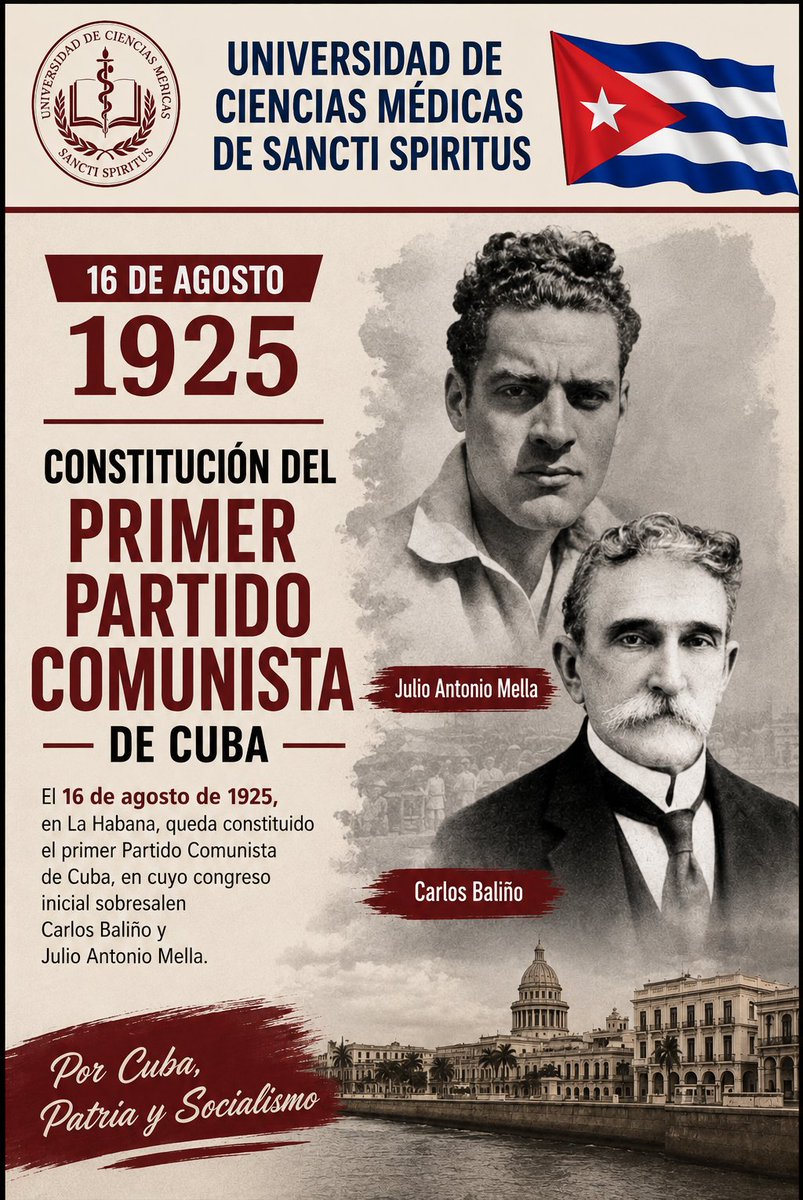 JL_MarceloP's tweet photo. El 16 de agosto de 1925, en La Habana, queda constituido el primer Partido Comunista de Cuba, en cuyo congreso inicial sobresalen Carlos Baliño y Julio Antonio Mella. #Cubavivesuhistoria
#SanctiSpíritusEnMarcha 
#100AñosConFidel https://t.co/jv8SJ7Kubi