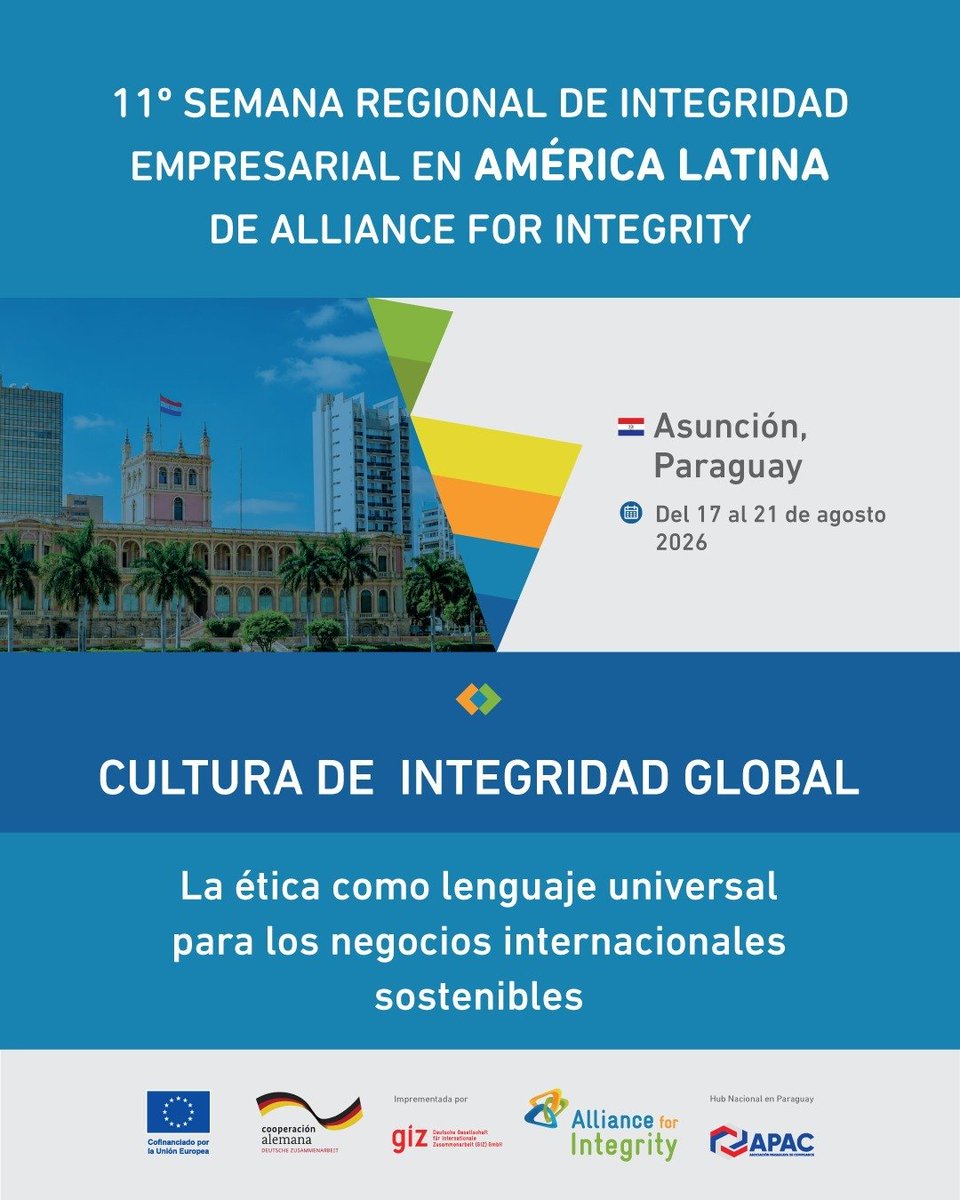 contraloriapy's tweet photo. ¡Paraguay será sede de la 11.ª Semana Regional de Integridad Empresarial!

Del 17 al 21 de agosto, Asunción será el punto de encuentro de referentes nacionales e internacionales para conversar sobre integridad, ética y sostenibilidad en los negocios. 🌎🤝

Bajo el lema “Una cultura global de la integridad: la ética como lenguaje universal para los negocios internacionales sostenibles”, la semana reunirá a representantes del sector público, privado, organismos internacionales, sociedad civil y academia.

La Contraloría General de la República, como coorganizadora, acompaña esta importante iniciativa de la Alliance for Integrity, promoviendo espacios de diálogo, intercambio de experiencias y construcción de alianzas para fortalecer una cultura de integridad.

📅 17 al 21 de agosto de 2026
📍 Asunción, Paraguay

https://t.co/Znd7rSTitv