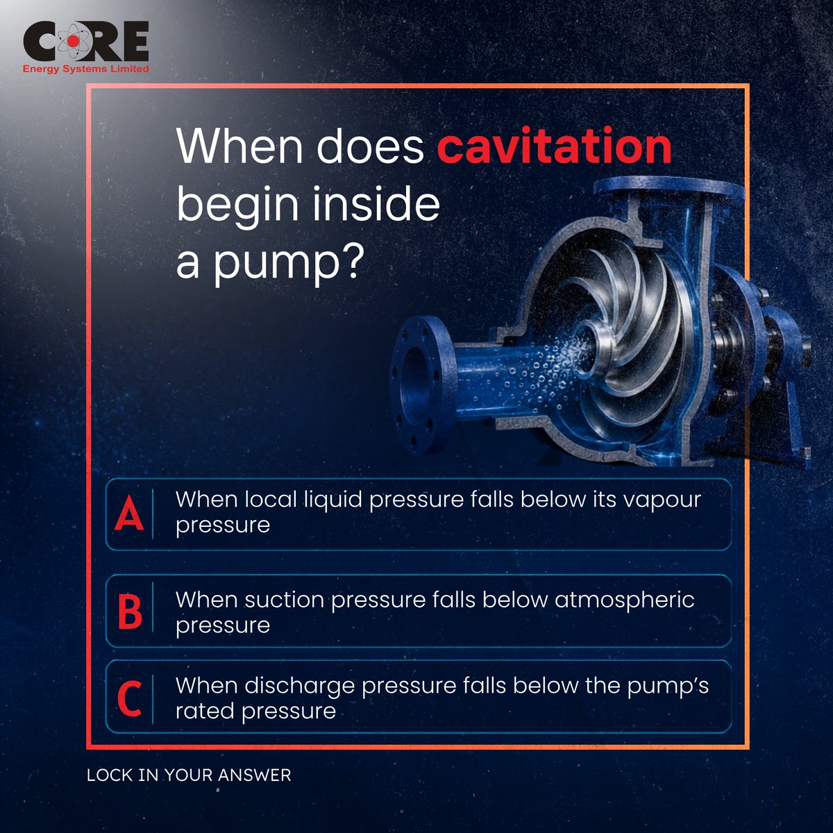 CoreEnergySys's tweet photo. The pump is running.

The damage may have already begun.

Tiny bubbles. Three tricky questions. One engineering phenomenon you cannot afford to underestimate.

Brain Teaser 6 is live.

Swipe through and drop your A-B-C sequence below. 👇

#PumpCavitation #nuclearpower #Coreenergy https://t.co/7PNKsJ7OZy