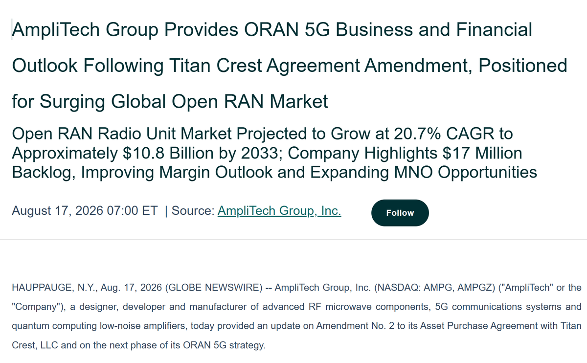 chinoalemano's tweet photo. JUST IN: $AMPG just published the press release the market begged for on Thursday.

Numbers.

Dates.

And one line that changes the shape of the whole story.

THE HARD NUMBERS the call didn't give you:

➟ ~$17 MILLION in current backlog. Open orders. Not LOIs, not forecasts. Purchase orders on the books.

➟ MORE THAN 2,000 RADIOS shipped and in service with a Tier-1 mobile operator. The first unit count in company history. Two thousand American-designed open RAN radios on live towers. This is not a story stock anymore. It's an installed base.

➟ Over $17M in ORAN shipments since the program began. $6M+ in new orders in July alone.

THE LINE THAT CHANGES THE SHAPE:

A Tier-1 telecommunications infrastructure EQUIPMENT provider has sent AmpliTech an RFP for its ORAN 5G radios.

Management's sizing: "tens of millions of dollars" if awarded in full.

Read the word again.

EQUIPMENT provider.

Not a carrier.

An OEM.

One of the handful of companies on Earth that BUILD networks is formally asking the $118M Long Island design house to quote radios.

That's the open-socket thesis stepping out of the slide deck and into a procurement process.

The name is under NDA, and I won't guess in public.

The category is enough: there aren't ten companies that fit the description.

THE MARGIN MYSTERY, SOLVED IN ONE SENTENCE:

The company disclosed it "strategically accepted approximately $2 million in reduced profit" on the initial North American program to win qualification with a major carrier and build the reference deployment.

Translation: they BOUGHT the anchor customer with margin. On purpose. And they say that phase is "substantially completed", with future orders at "improved economics",

The 27.9% wasn't decay.

It was the entry fee.

Now you know the price of the ticket.

THE DATES, for the first time ever:

➟ Positive EBITDA: Fiscal Year 2027.

➟ Margin improvement: beginning 2027.

➟ Titan Crest: closed and cleaned up. Price cut from $8M to $7M, rights and claims fully intact.

HONEST FRAMING, and today it's heavy, because the same release also lands the plane:

➟ Guidance is back only as a FLOOR: 2026 revenue "expected to exceed FY2025". That's above $25.2M.

➟ The Asian program: active, uncancelled, but "a portion may extend into 2027". Officially slipping into next year.

➟ Under $120M market cap, ~$33M pro forma cash, zero long-term debt.

Thursday the market sold a company with no backlog number, no profitability date and no visibility.

Monday that company has $17M in open orders, 2,000 radios in the field, a profitability date, and a Tier-1 equipment maker asking for a quote.

Same company.

Better paperwork.

The delay was real.

The machine was never broken.

Not financial advice. DYOR.

Still long $AMPG.