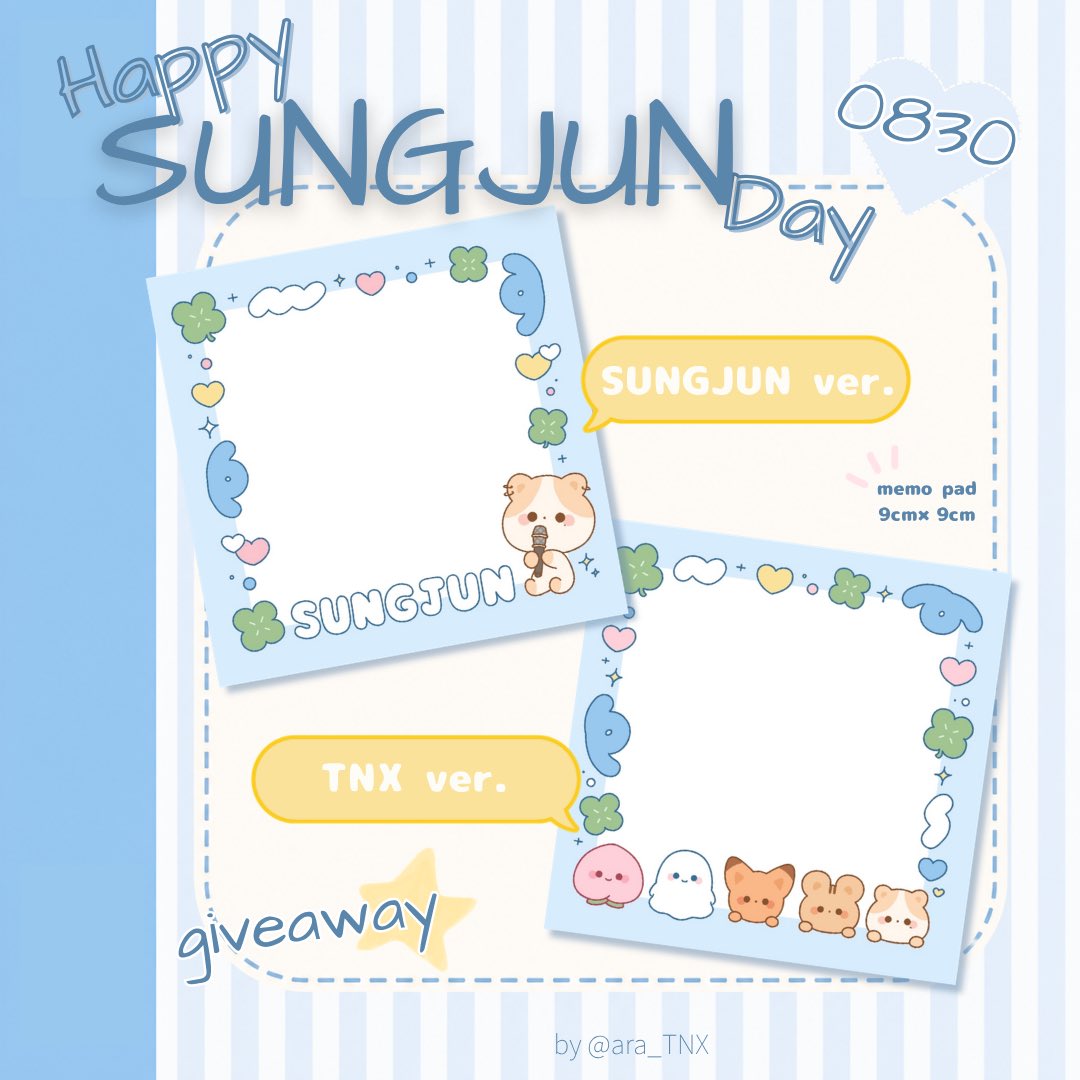 ara_TNX's tweet photo. 2026 SUNGJUN BIRTHDAY EVENT

ソンジュンのお誕生日をお祝いして
オリジナルメモパッドを作成しました📝

① SUNGJUN ver.
② TNX ver.

お好きなバージョンを1点プレゼント🎁

応募方法
🔹RP＆♡
🔹リプ欄にご希望のバージョンを記入

応募期間等は画像をご確認ください

#오성준 #SUNGJUN https://t.co/GXCYBl3GSi