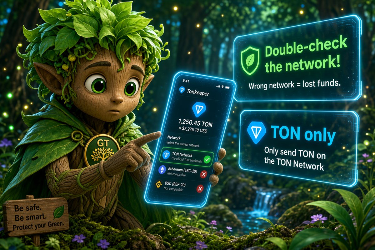 Green_Tree_coin's tweet photo. 🎓 #GT Wallet Academy | Part 10
📷Sending on the wrong network can mean losing your tokens forever.TON Network only. Stay careful. Stay safe. 📷#GreenTree #GT #TON #Web3 #CryptoAlert https://t.co/OrS7Hu8BUZ