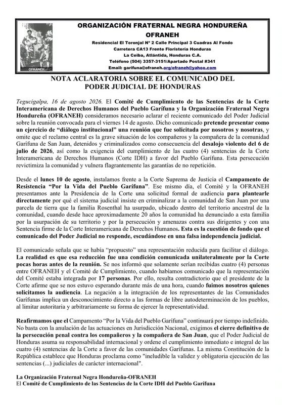 ofraneh's tweet photo. Nota Aclaratoria Sobre Comunicado del @PJdeHonduras. 
Exigimos sobreseimiento definitivo de los defensores de San Juan Tela, acusados de invadir su propio territorio.
Aplicación inmediata del Principio de Convencionalidad y Cumplimiento de  4 sentencias emitidas por la @CorteIDH https://t.co/yB9ux9oioq
