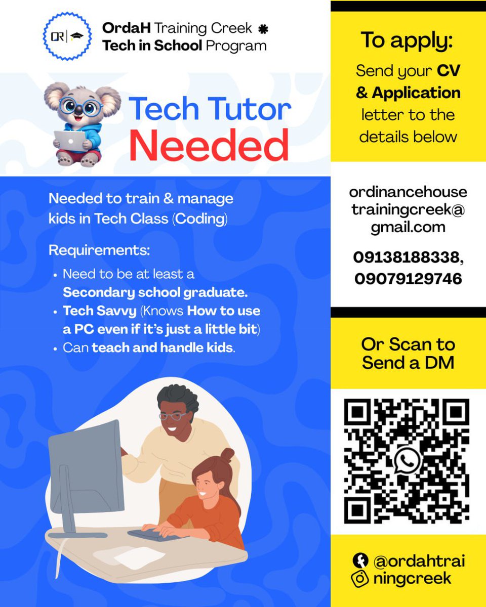 ordahouse's tweet photo. 🚨 Tech Tutor Needed in Port Harcourt!

OrdaH Training Creek is looking for a tech-savvy tutor to train and manage kids in Coding classes. 💻

📍 Port Harcourt
📩 Send your CV &amp; application letter to ordinancehousetrainingcreek@gmail.com

DM us to apply.

#TechTutor #TechJobs https://t.co/driUTRucIY