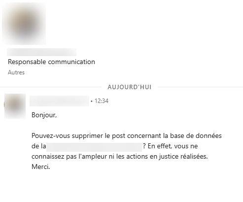 seblatombe's tweet photo. On a reçu une dizaine de messages de ce genre récemment… Sachez une chose : @Frenchbreaches ne supprimera rien. On informe les Français que leurs données ont été exposées et, en retour, on reçoit des mises en demeure et des demandes de retrait de ces mêmes services. https://t.co/SsVxKrKW3g