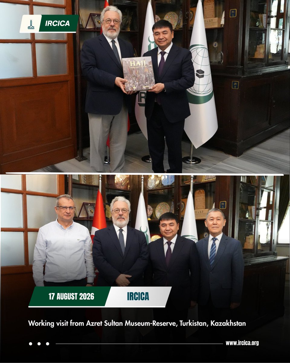IRCICA's tweet photo. ✨Working visit from Azret Sultan Museum-Reserve, Turkistan, Kazakhstan

Dr. Erlan Dakenov, Director of Azret Sultan National Historical and Cultural Museum-Reserve, Turkistan, Republic of Kazakhstan, paid a visit to the Director General of IRCICA Prof. Dr. Mahmud Erol Kılıç on 17 August 2026. Prof. Dr. Cengiz Tomar, Chief Advisor/Head of Research and Publications, and Prof. Dr. Ashirbek Muminov, Advisor for Central Asian Studies, IRCICA, took part in the talks. IRCICA and Azret Sultan MUseum-Reserve are closely collaborating in the fields of research, publications, and conferences relating to Islamic history and philosophy.
 
✨Kazakistan, Türkistan’daki Azret Sultan Müze-Rezervi'nden çalışma ziyareti

Kazakistan, Türkistan'daki Azret Sultan Ulusal Tarihi ve Kültürel Müze-Rezervi Direktörü Dr. Erlan Dakenov 17 Ağustos 2026’da IRCICA Genel Direktörü Prof. Dr. Mahmud Erol Kılıç'ı makamında ziyaret ettiler. Görüşmeye IRCICA’dan Başdanışman/Araştırma ve Yayınlar Başkanı Prof. Dr. Cengiz Tomar ile Orta Asya İncelemeleri Danışmanı Prof. Dr. Ashirbek Muminov da katıldılar. IRCICA ile Azret Sultan Müze-Rezervi arasında İslam tarihi ve felsefesi alanlarında araştırma, yayın ve konferans gibi faaliyetlerde yakın bir işbirliği yürürlüktedir.