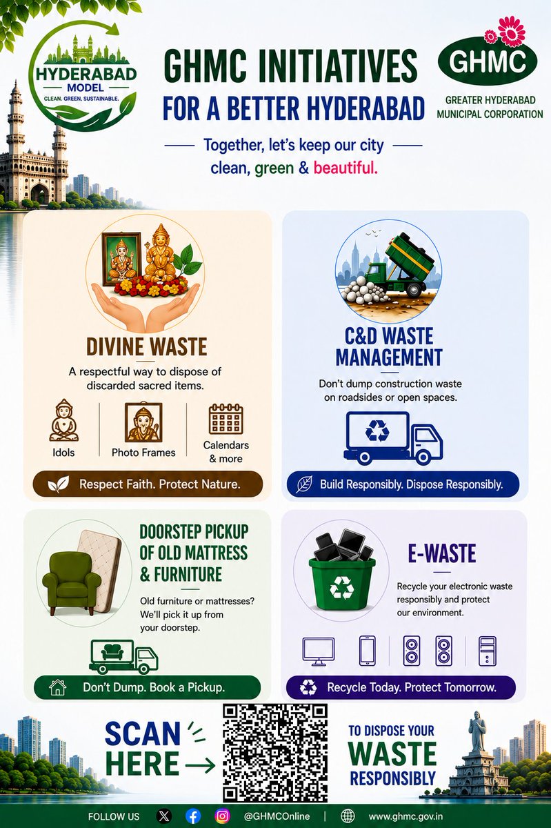 GHMCOnline's tweet photo. Hyderabad Model | GHMC Initiatives – Together for a Better Hyderabad 🌿

A cleaner Hyderabad begins with responsible choices by each of us. GHMC’s citizen-focused initiatives make responsible waste disposal easier while keeping our neighbourhoods clean and protecting the environment.

🪔 Divine Waste – Give sacred items a respectful end while protecting nature.
🏗️ C&D Waste Management – Dispose of construction debris responsibly and keep roadsides and open spaces clear.
🛋️ Doorstep Pickup – Have old furniture or mattresses? Choose convenient doorstep pickup instead of dumping them.
♻️ E-Waste – Dispose of unwanted electronic items responsibly and help protect our environment.

Scan the QR code or click here to access the Services:
[GHMC Citizen Waste Management Services](https://t.co/WBKhsLXS7i)

Choose the right option for your waste — Divine Waste, old mattresses, furniture, e-waste or C&D waste.

Small actions. Responsible choices. Together, let’s build a cleaner, greener and better Hyderabad.

#GHMC #Hyderabad #CleanHyderabad #GreenHyderabad #CitizenParticipation

@TelanganaCMO @TelanganaCS @IPRTelangana
@jayesh_ranjan @ZC_Charminar @ZC_Khairatabad
@ZC_Secunderabad @ZC_Charminar @ZC_RAJNGR
@ZC_Shamshabad @ZcGolconda