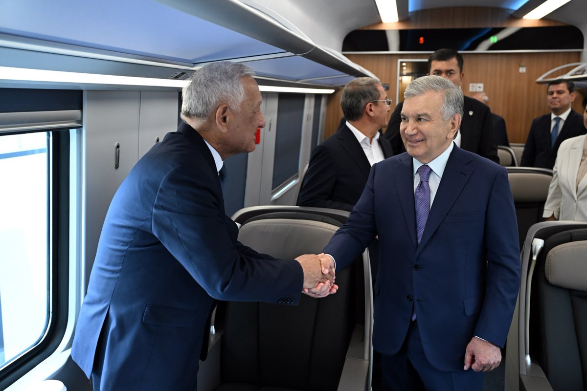 president_uz's tweet photo. President Shavkat #Mirziyoyev inspected the new railway line connecting #Urgench International Airport with the railway station. 

He then traveled from Urgench to #Khiva via the new line aboard the new electric train. https://t.co/EWoLqaUSQF