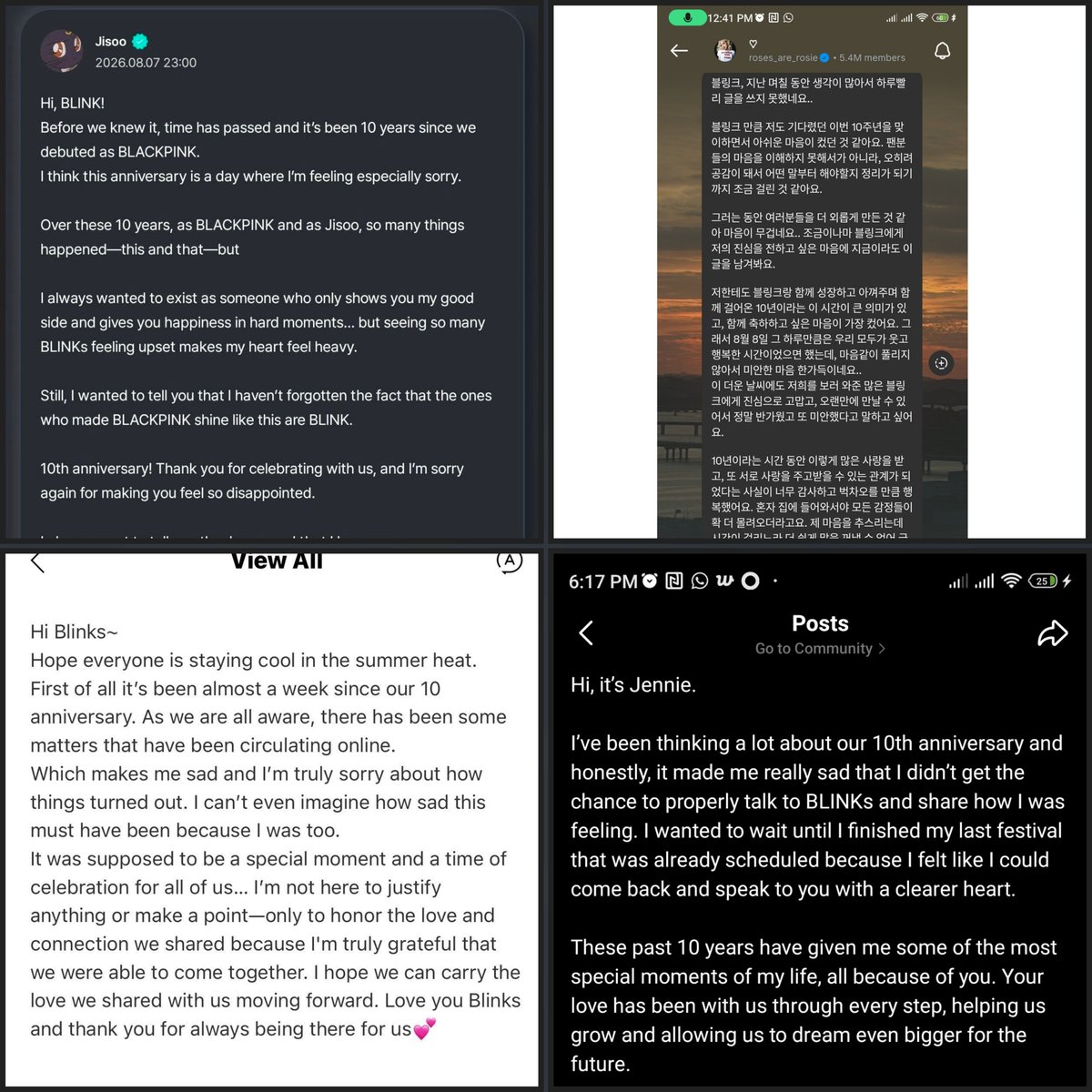 itsmooniiieee's tweet photo. Jisoo, Rosé, Lisa and Jennie have all shared sincere and genuine messages about the 10th anniversary and acknowledged the disappointment surrounding it.

More importantly, all four have made it clear that Blinks have always been, and will continue to be, an important part of their journey as Blackpink. They have heard the disappointment, expressed their feelings, and reached out to Blinks in their own ways.

You don’t have to agree with every choice they make, or with the time and way they choose to address this. But at some point, you also need to respect their choices and recognize that they have handled this with more maturity than those who continue using the situation to drag the members.

It’s time to let this matter rest and move forward. There is nothing left to prove or demand from the girls. We can acknowledge our disappointment without turning it into another reason to attack them.

If someone still chooses to use the 10th anniversary to drag, attack or pit the members against each other, then they are no longer addressing the anniversary. They are simply the problem and provocateur
