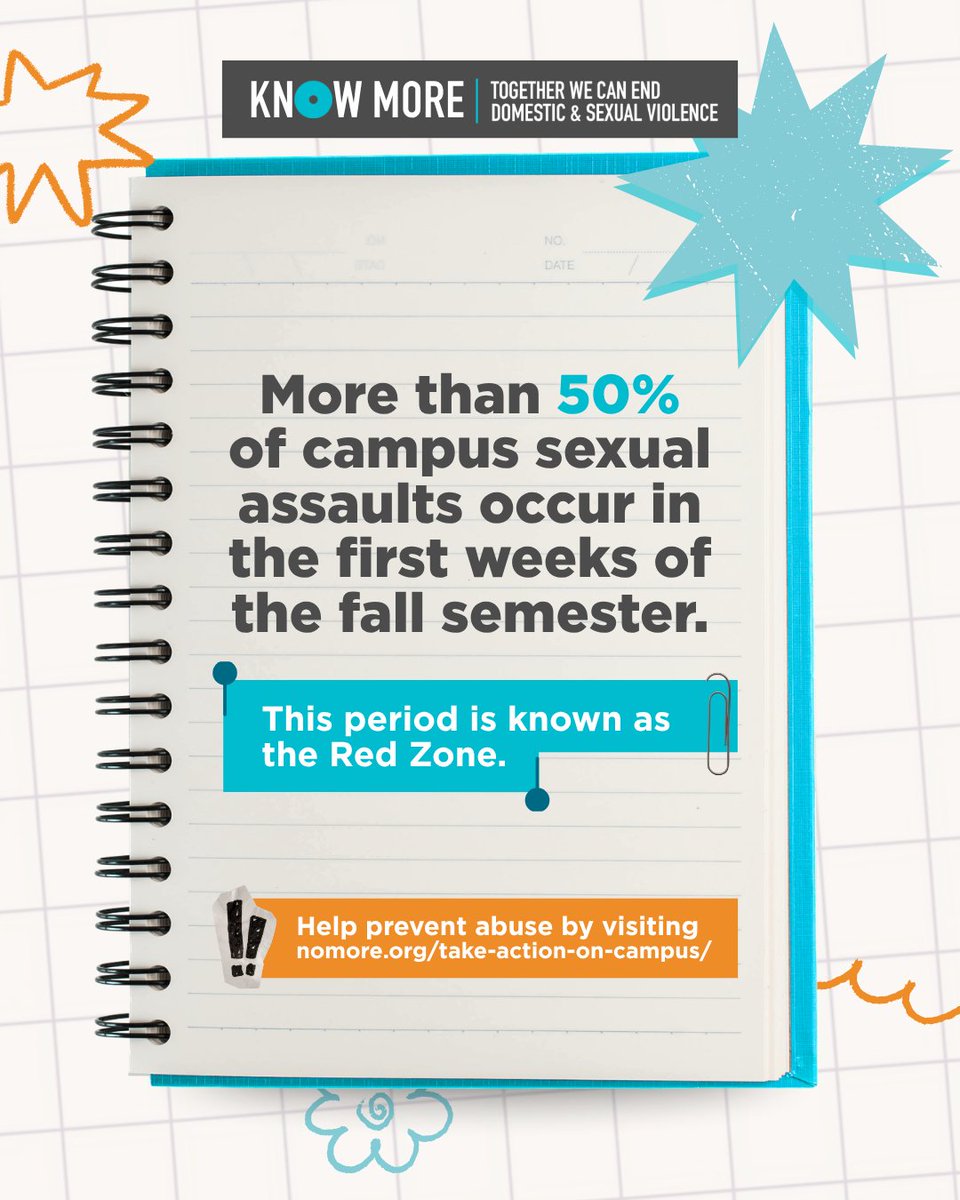 NOMOREorg's tweet photo. As students get ready to head back to campus this fall, we're raising awareness of the Red Zone, the period when students are most vulnerable to sexual assault. Learn more about how you can help prevent sexual violence on campus through the link in our bio. https://t.co/bQMwr1J6wm