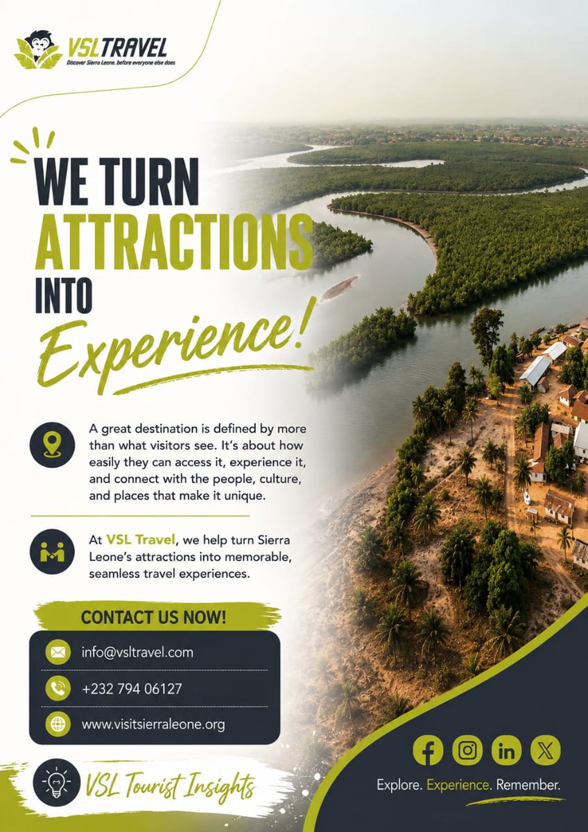 VisitSL's tweet photo. We don’t just take you to places. We help you experience them. 🇸🇱🌍

At VSL Travel, we turn Sierra Leone’s attractions into memorable, seamless travel experiences.💚🖤

Discover Sierra Leone before everyone else does!

Contact Us Now!
📱: +232 79406127
📧: info@vsltravel.com
🌐:https://t.co/bg9TlwKtzi

#VSLTravel#VisitSierraLeone#SierraLeoneTourism #DiscoverSierraLeone #Wonderlust