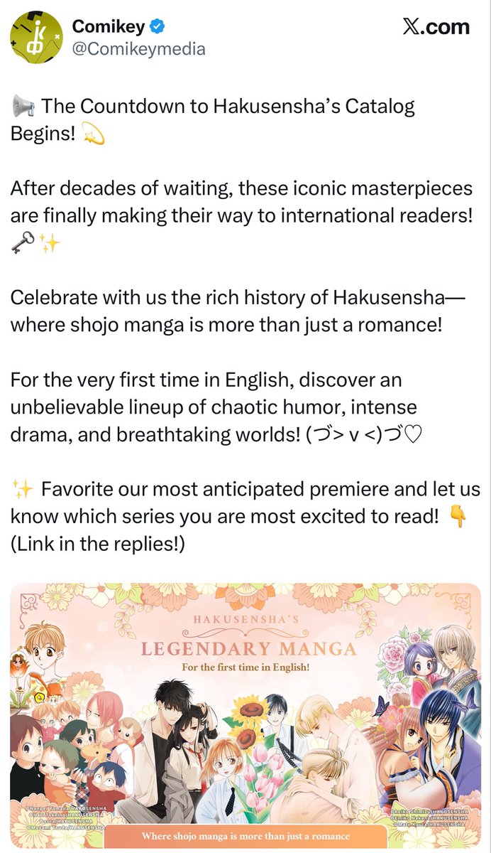 yuki_white12's tweet photo. Wait

Did Comikey do what Viz was struggling to do??? Have Hakusensha catalog available ??? 

This is just been a beatdown on viz😭 https://t.co/CTAXTg6swG