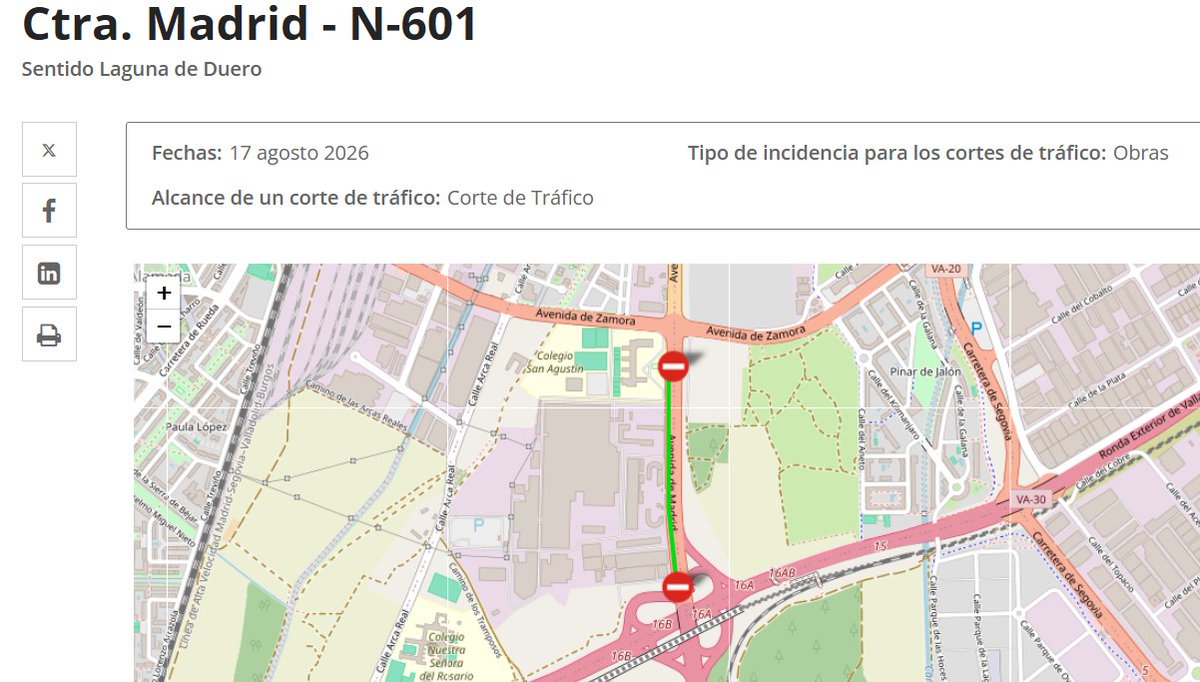 PoliciaMV's tweet photo. 🚧⚠️ AVISO DE TRÁFICO

Por obras para la construcción de una pasarela, por parte del Ministerio de Transporte, se corta la Ctra. de Madrid, sentido N-601, hasta las 22:00 h

➡️ Se puede acceder desde la VA-30 a la N-601 en sentido Laguna de Duero

🚗 Planifica tu recorrido, respeta la señalización y circula con precaución

#PolicíaMV #Tráfico #Valladolid
