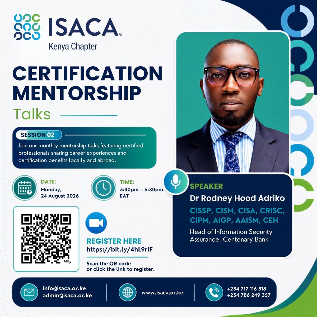 Isaca_kenya's tweet photo. Ready to take the next step in your certification journey?
Join our Certification Mentorship Talk with Dr Rodney Hood Adriko and gain valuable insights from an experienced industry professional.
Register now: https://t.co/rU3Jt1CcrG
#ISACAKenya #CertificationMentorship #ISACA https://t.co/y2cmnZthZ0