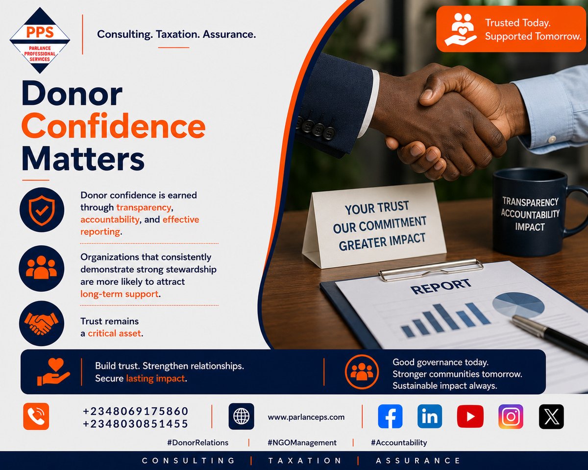 ParlancePS's tweet photo. Donor confidence is earned through transparency, accountability, and effective reporting.
Organizations that consistently demonstrate strong stewardship are more likely to attract long-term support.
Trust remains a critical asset.
#DonorRelations #NGOManagement #Accountability https://t.co/mVzhJoNHyk