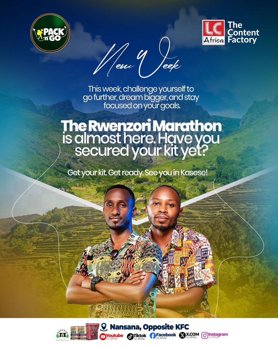 lc_africa's tweet photo. New week. New goals. New challenge. πͺ
The Rwenzori Marathon is almost here! πππ
Have you secured your kit yet? π€·ββοΈ
Get your kit. Get ready. See you in Kasese!
ππππππππ
https://t.co/NeWkz3DmmV
#RwenzoriMarathon #PackNGo #LCAfrica #RunUganda #Kasese https://t.co/xWAK3ylT1A
