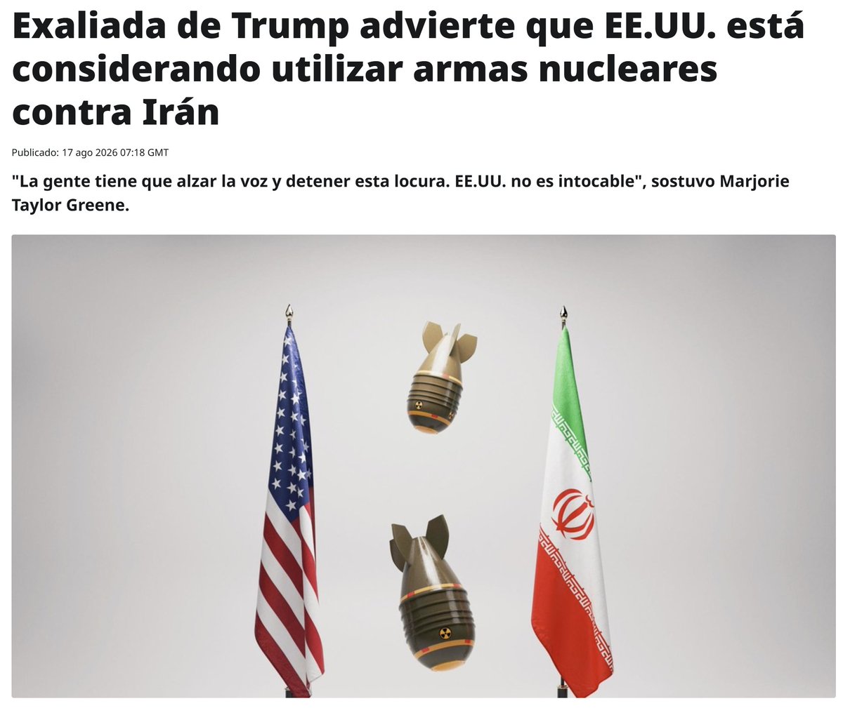 ActualidadRT's tweet photo. 🇺🇸💣La excongresista estadounidense Marjorie Taylor Greene aseguró que en Washington se están discutiendo "en reuniones de estrategia" opciones para usar armas nucleares contra Irán.

✍️"Sí, leyeron bien. Es real. No estoy especulando, lo sé", escribió. https://t.co/UkoKGwAWUR