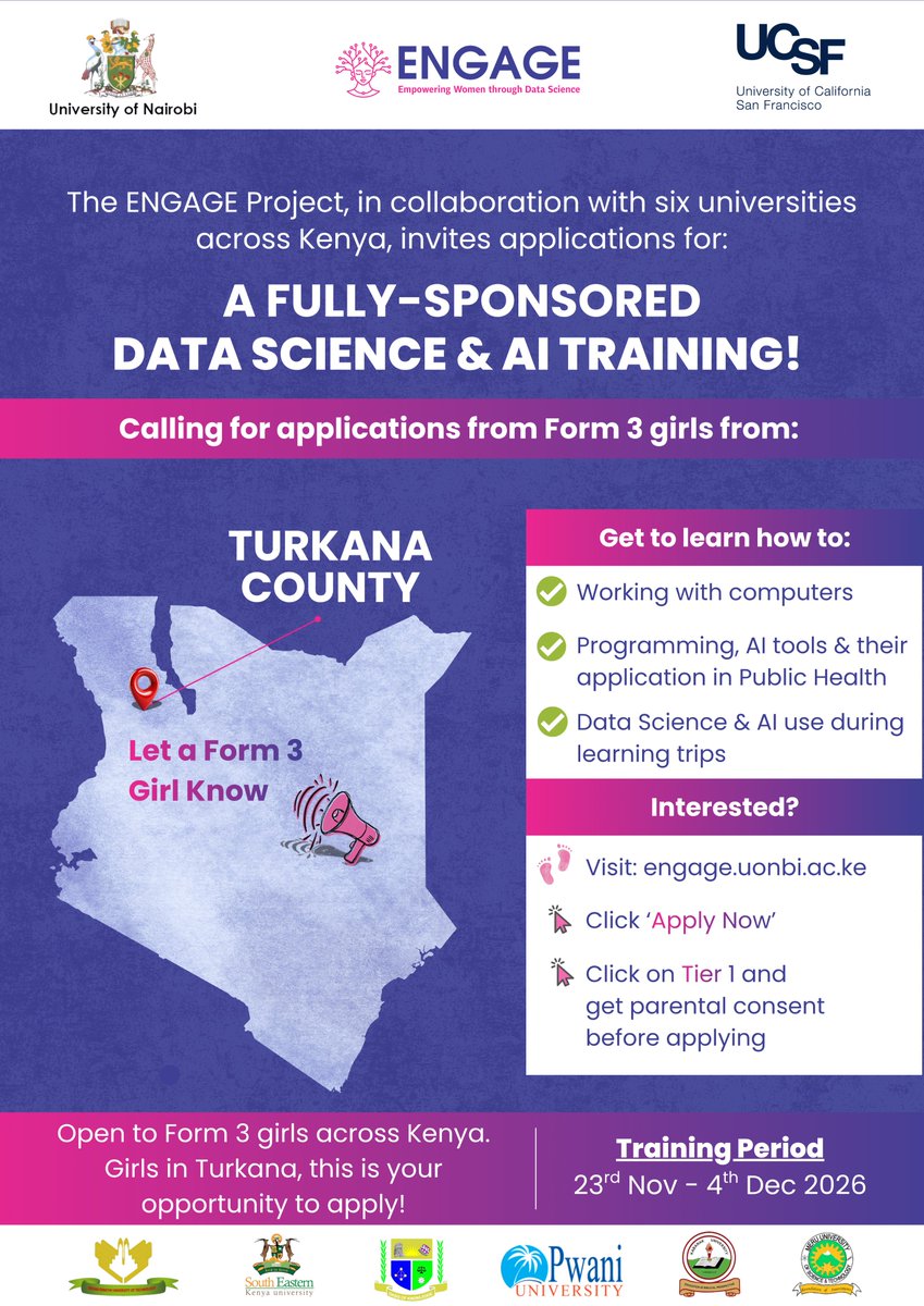 EngageProjectKE's tweet photo. 📢 Turkana County?
Do you know a Form 3 girl who excels in Maths and is curious about Data Science &amp; AI? Share this fully sponsored opportunity today: https://t.co/eEtjSw5u2c https://t.co/A1HkfIPSPf