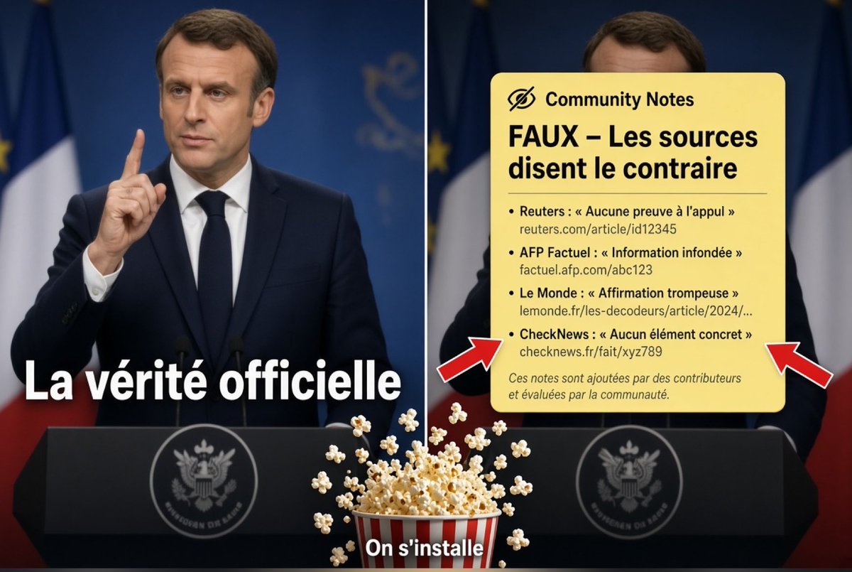 Guigz75116's tweet photo. C’est quand même un spectacle magnifique.

La Communauté X qui dézingue à tours de bras la Macronie et la gauche, note après note, fact-check après fact-check et eux qui continuent à faire les surpris, les outrés, les « c’est de la désinformation ! ».

Ils n’ont toujours pas pigé que les gens, maintenant, vérifient.

Plus de « on vous a dit que», plus de petites phrases solennelles, plus de plateau télé où un expert à cravate explique que 2+2=5 si c’est pour la bonne cause.

Non. Les gens ouvrent l’appli, lisent la note communautaire, regardent les sources, et hop, le récit s’effondre en direct.

Et le plus drôle ?

Ils croient encore que c’est un complot d’extrême-droite ou de « trolls ».

Non, mes chéris. C’est juste des gens normaux qui en ont marre qu’on leur raconte des salades et qui, pour une fois, ont un outil qui ne leur ment pas.

Continuez comme ça.

Chaque note est un petit enterrement de première classe pour vos petites vérités officielles.

On s’installe, on prend des pop-corns, et on regarde la Macronie et la gauche découvrir en temps réel ce que ça fait quand la réalité a le droit de répondre.