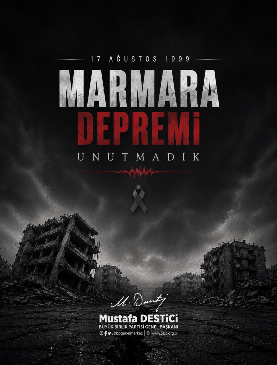 Mustafa_Destici's tweet photo. 17 Ağustos 1999 Marmara Depremi’nin üzerinden 27 yıl geçti. Fakat o karanlık gecenin acısı, milletimizin hafızasında hâlâ ilk günkü ağırlığıyla durmaktadır.

Cenab-ı Hak ülkemizi ve milletimizi her türlü şerden ve doğal afetten muhafaza eylesin. 17 Ağustos Marmara Depremi’nde ve ülkemizin yaşadığı bütün afetlerde hayatını kaybeden vatandaşlarımıza Yüce Allah’tan  rahmet, yakınlarına sabır diliyorum.

Unutmadık, unutmayacağız; fakat yalnızca hatırlamakla da yetinmemeliyiz.