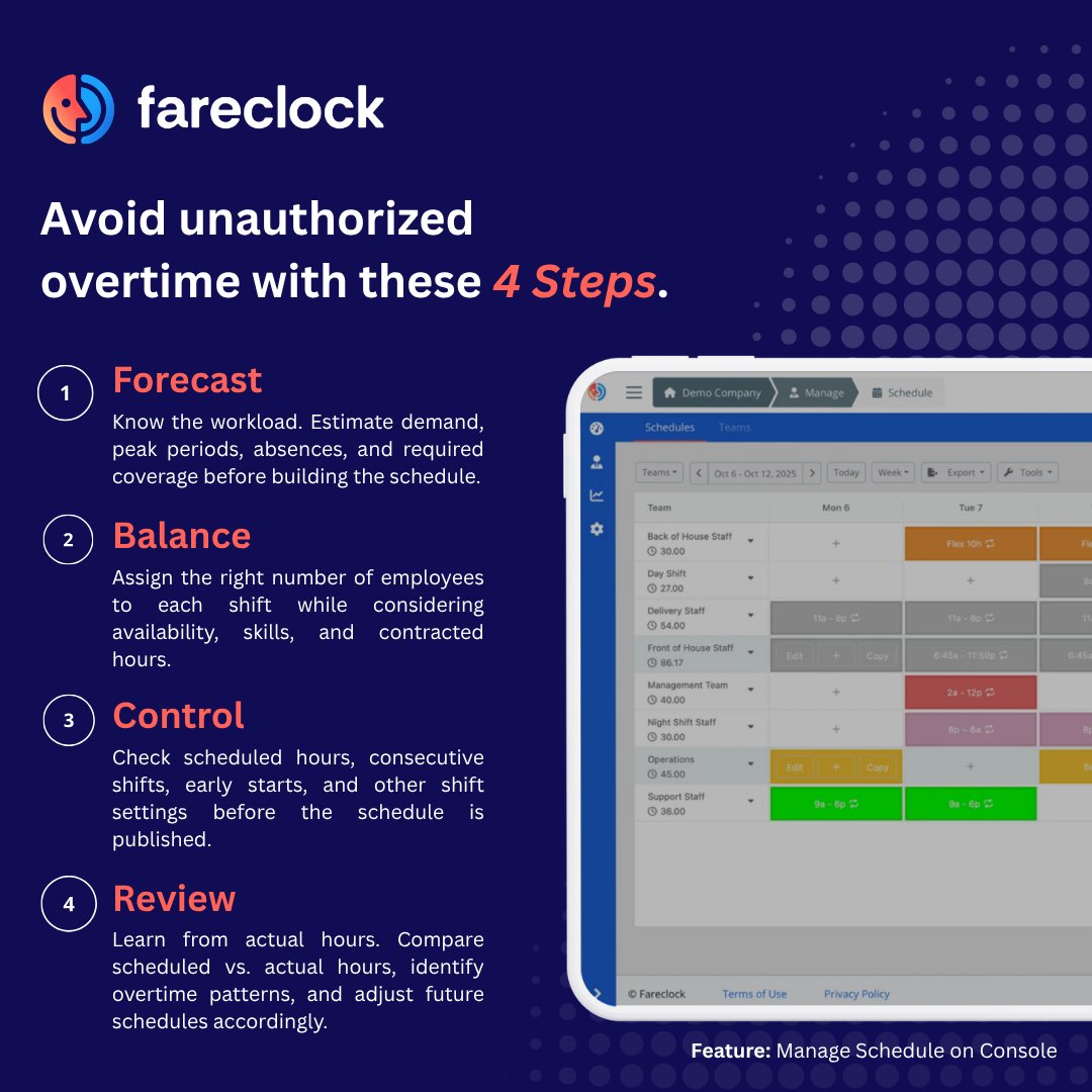 fareclock's tweet photo. Plan smarter. Schedule better. Keep unauthorized overtime in check with these 4 simple steps. ⏱️

#Fareclock #TimeTracking #WorkforceManagement #AttendanceTracking #PayrollManagement https://t.co/KKyYPuMXLq