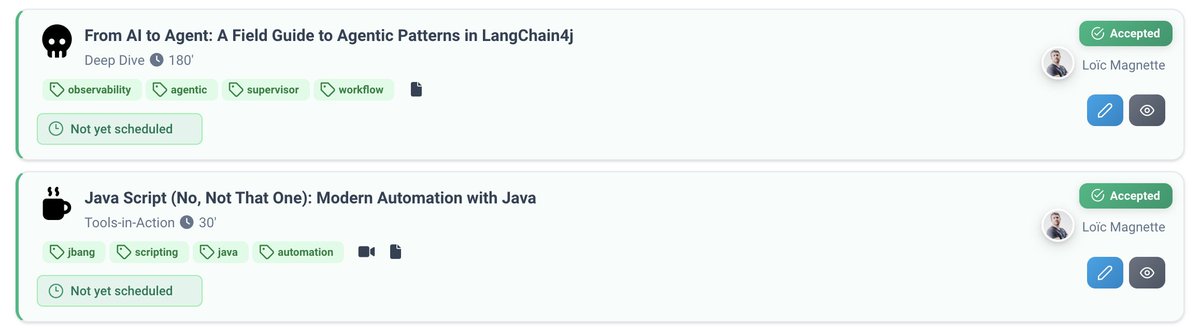 LoMagnette's tweet photo. Summer break is over and the new conference season is approaching!

Thrilled to be speaking TWICE at @Devoxx  2026 🇧🇪 this October:

⚡ Tools in Action: modern automation with @java
🤿 Deep Dive: from AI to agentic systems with @langchain4j 

Heading to Antwerp? Come say hi! 🎤 https://t.co/OuyGBhvs8a