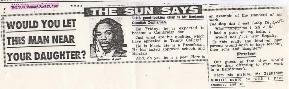 leo_leo_X's tweet photo. This was the tabloid press almost 40 years ago when the late Benjamin Zephaniah was offered a role at Cambridge.

Things haven’t changed much. https://t.co/r9FcapIyAR
