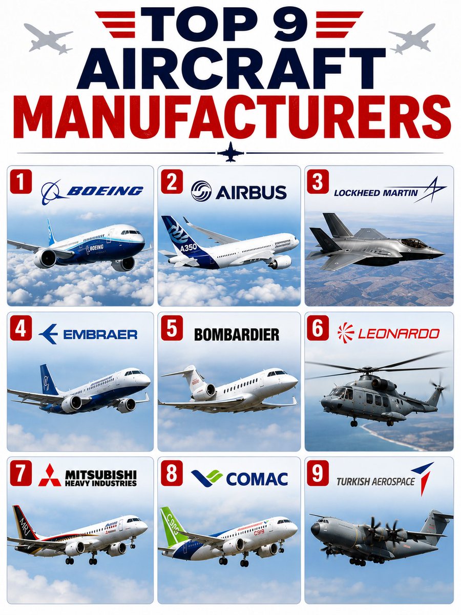 Top_9__'s tweet photo. ✈️ Ever wondered which companies are behind the aircraft flying across the world?

From commercial airliners to military aircraft and helicopters, here are 9 major aircraft manufacturers shaping the skies. https://t.co/DVZgMQqZL0