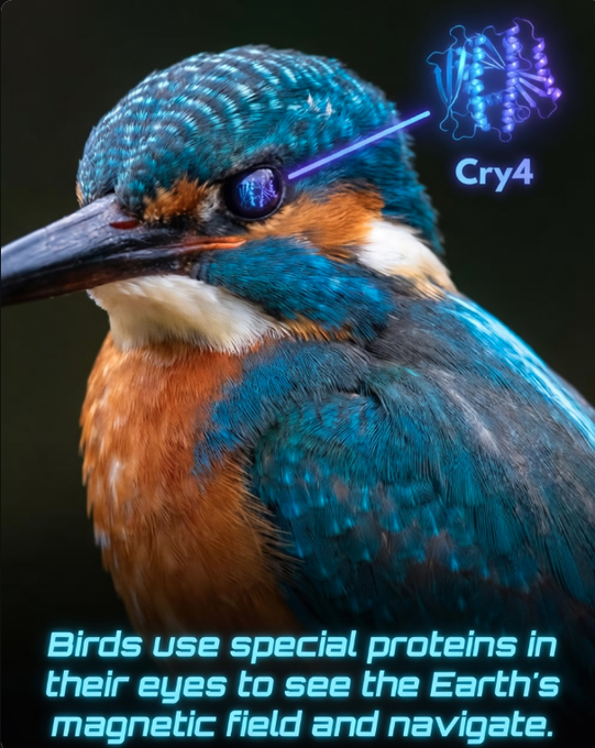 Rainmaker1973's tweet photo. Birds can literally see the Earth’s magnetic field thanks to specialized light-sensitive proteins in their eyes.

Migratory birds possess one of nature’s most remarkable superpowers: the ability to navigate thousands of miles with incredible precision. At the center of this ability is a protein called Cry4 (cryptochrome 4), found in the retinas of their eyes.

When blue light enters the bird’s eye, it triggers a quantum reaction in the Cry4 proteins known as the radical pair mechanism. This ultra-sensitive process responds to the orientation and strength of the Earth’s magnetic field, essentially turning the bird’s visual system into a biological compass.

Scientists believe birds don’t just sense magnetism — they may actually see it. The quantum fluctuations likely appear as subtle visual patterns, shadows, or color gradients overlaid on their normal vision, much like an augmented reality heads-up display.

This extraordinary adaptation allows migratory birds to cross oceans, deserts, and mountain ranges with pinpoint accuracy, relying on the strange rules of quantum mechanics to guide them on their epic journeys.