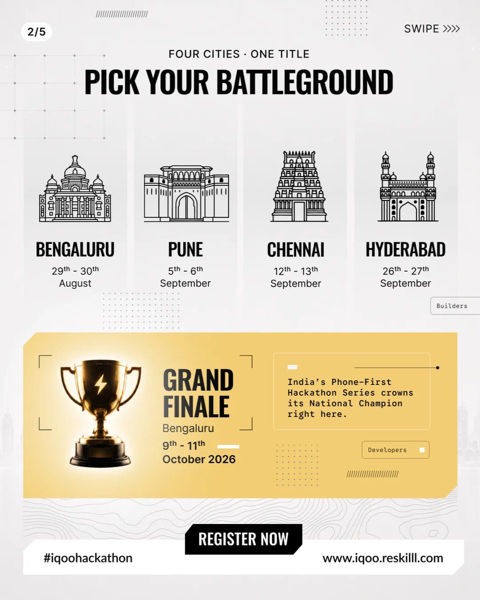 IqooInd's tweet photo. The iQOO Hackathon 2026 is here — where AI meets speed, ideas meet execution, and builders meet the arena.

🏆 ₹40,00,000 Prize Pool

📍 Bengaluru | 29–30 Aug
📍 Pune | 5–6 Sep
📍 Chennai | 12–13 Sep
📍 Hyderabad | 26–27 Sep

🏆 Grand Finale | Bengaluru | 10–11 Oct

Assemble your squad.
Build without limits.
Let your code do the talking.

Claim your spot: https://t.co/q8VKaDdKvX

Think fast. Build faster.

#iQOO #iQOOHackathon #Hackathon #Developers #Programmers