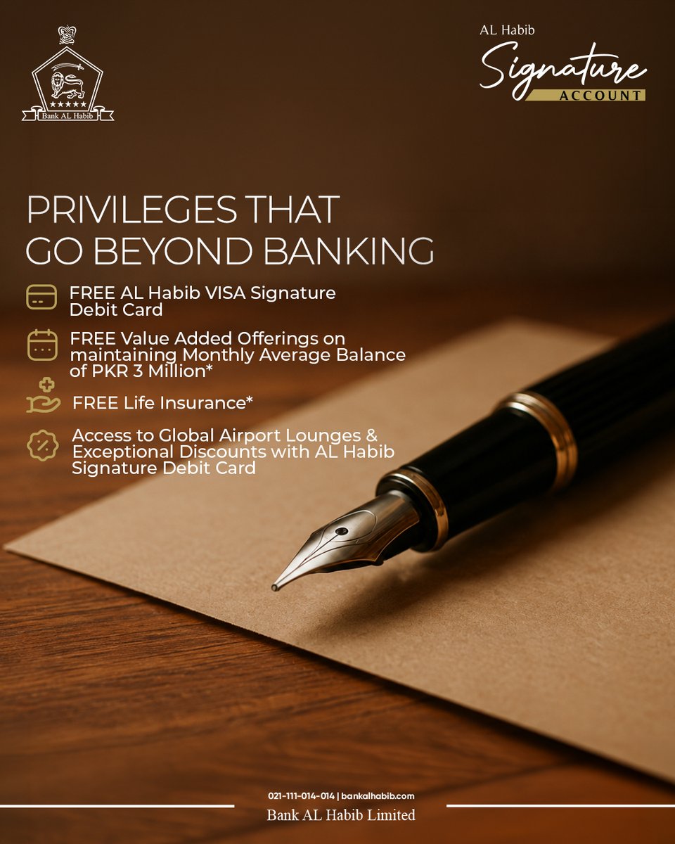 BAHLOfficial's tweet photo. Open your AL Habib Signature Account and avail exclusive privileges now.

For any queries, simply inbox us or visit our website.

You can also call us on (021) 111-014-014

AL Habib Signature Account | Bank AL Habib | Rishta Bharosay Ka